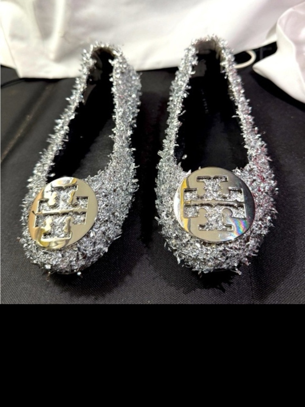 Tory Burch Silver Sparkle Logo Ballet Flats